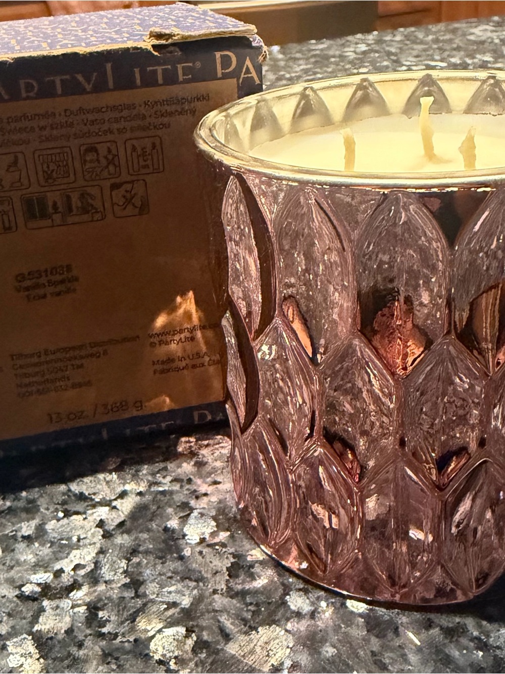 PartyLite Metallic Rose Gold Three-Wick Decorative Candle. Vanilla Sparkle